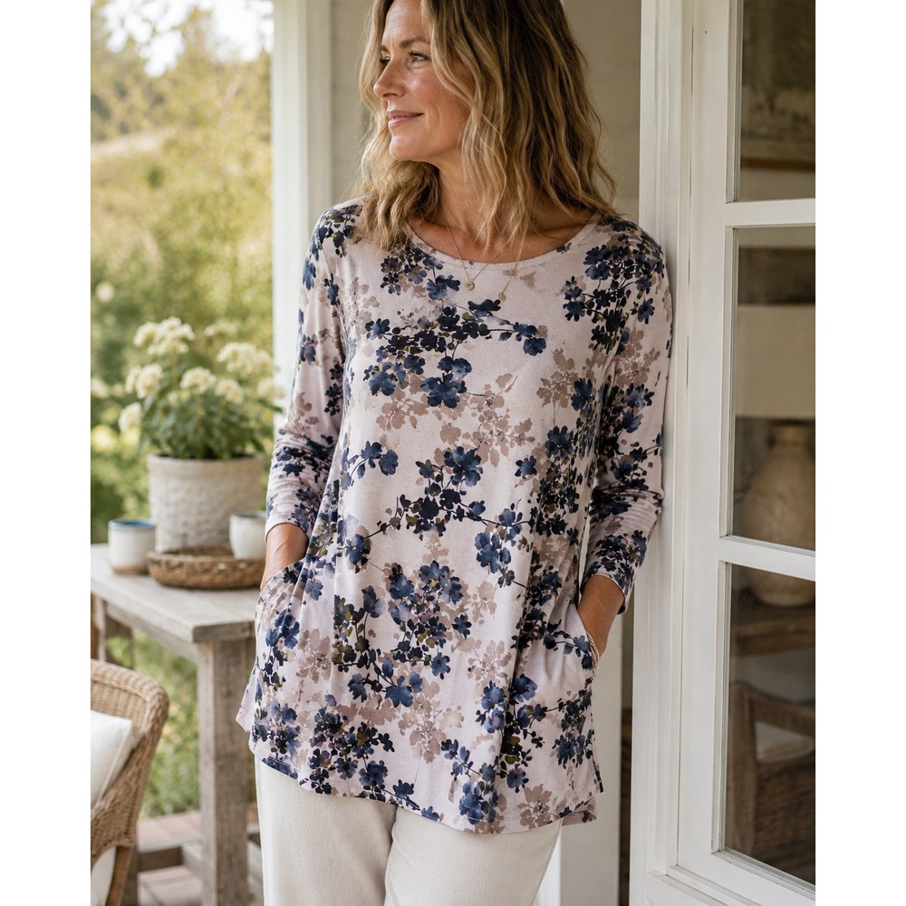 Pure‎ J.Jill Floral Tunic Top Blue Blush Soft Stretch Long Sleeve XL Tall
